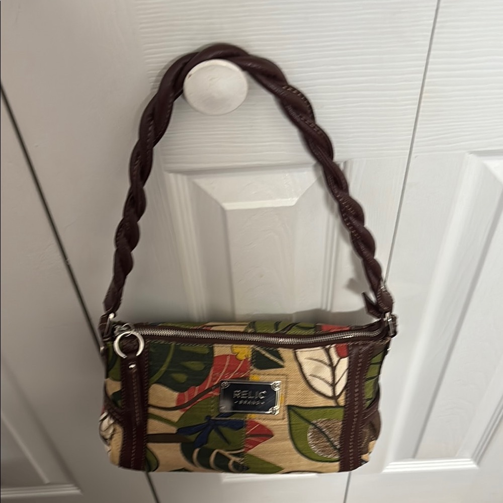Relic Brown Shoulder Bag with Braided Strap and Tropical Print